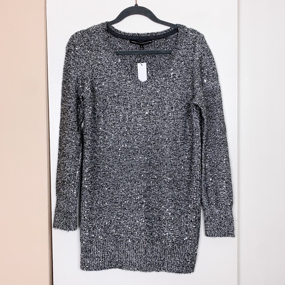 White House Black Market Sweaters - White House Black Market Silver Sparkle Sequin V-Neck Sweater